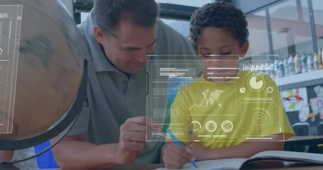 Poster - Animation of statistics and data processing over diverse schoolgirl and male teacher