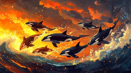 Wall Mural - a pod of seven orcas leap from the water against a fiery sunset sky.