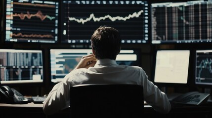 Poster - A Man Sitting In Front of Multiple Monitors Displaying Stock Market Data
