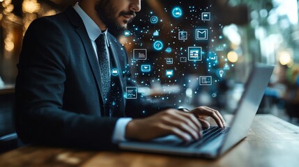 Poster - businessman working on a laptop with digital icons surrounding him, representing communication, tech