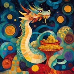 Canvas Print - Colorful Dragon with Golden Treasure in a Whimsical Night Sky.