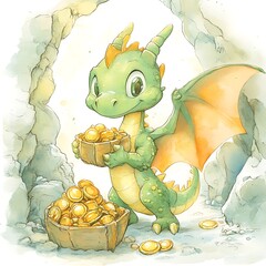 Canvas Print - Cute Dragon Holding a Chest of Gold Coins in a Watercolor Cave Illustration.