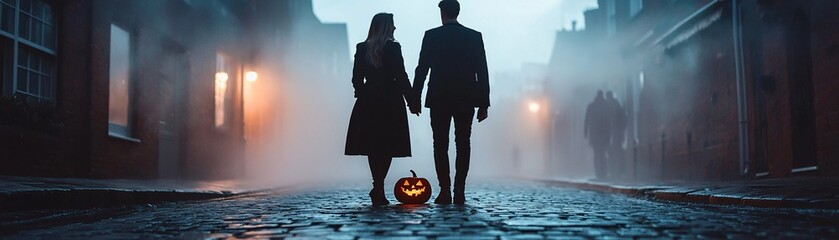 Poster - a victorian-era woman and man in formal gothic attire, standing on a cobblestone street with a jack-