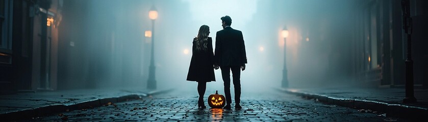 Poster - a victorian-era woman and man in formal gothic attire, standing on a cobblestone street with a jack-