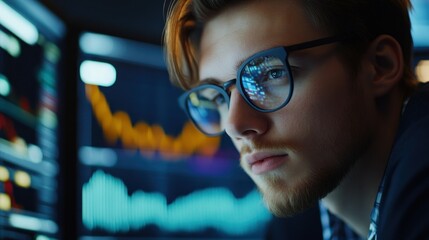 Poster - Close-up of a man's face looking at a computer screen with a reflection of data in his glasses.