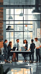 Poster - Businesspeople in a modern office setting with large windows and light wood floors.