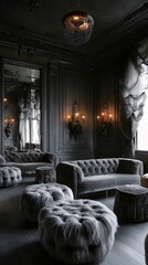 Poster - a victorian-style living room decorated with spooky halloween elements such as cobwebs, pumpkins, an