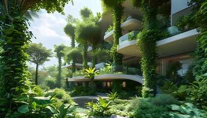 Wall Mural - Sustainable Biophilic Architecture Integrating Lush Greenery for Nature Connection and Carbon Footprint Reduction