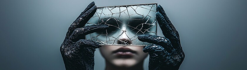 Poster - A close-up of a Victorian-era hand holding a cracked mirror reflecting a ghostly face, with dark lace gloves and a faint candle glow. The mirror's background offers space for additional elements.