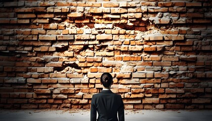 Overcoming Business Challenges: A Determined Suit-Wearing Entrepreneur Stares Down Symbolic Brick Wall of Obstacles