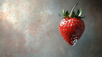 Poster - A Single Red Strawberry with Green Leaves Against a Neutral Background