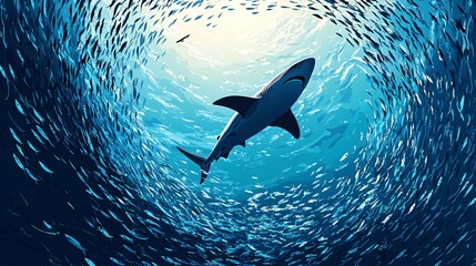 A lone shark swims upwards through a swirling school of fish in the ocean.