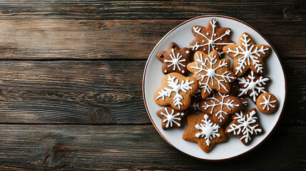 Plate with tasty Christmas cookies on wooden table, copy space for text