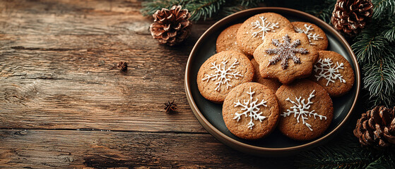 Plate with tasty Christmas cookies on wooden table, copy space for text