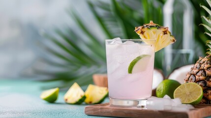 A coconut water cocktail with a splash of lime and pineapple garnish in a highball glass, perfect for a refreshing and exotic summer drink.