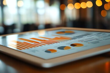 Poster - Closeup of a tablet displaying charts and graphs with blurred background of warm, golden lights.