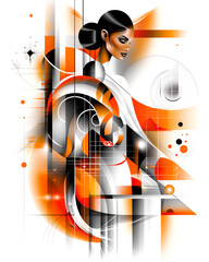 Canvas Print - A woman is standing in front of a wall with a lot of orange and white lines. She is wearing a white dress and has her hair in a bun. The image has a lot of abstract shapes and lines