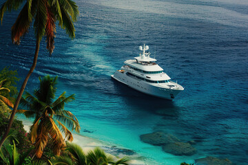 Luxury private motor yacht in tropical sea with soft blue wave on beautiful nature background