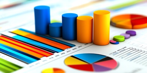 Poster - Colorful bar and pie chart graphics on a business report.