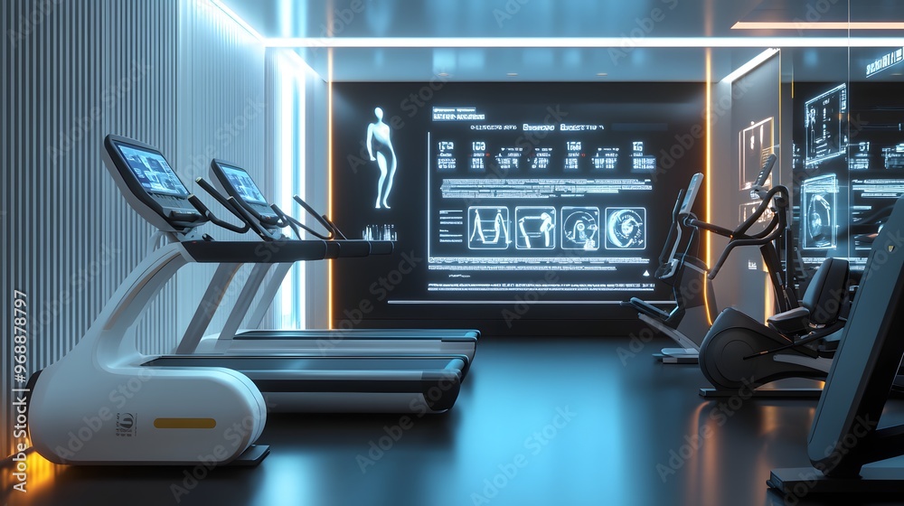 Computer Assisted Exercise Screen 42. A high-tech gym with virtual workout screens and innovative fitness ...