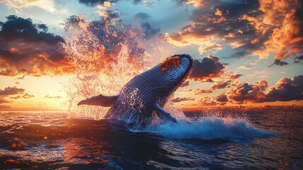 Wall Mural - a humpback whale breaches the water at sunset, creating a magnificent display of power and grace.