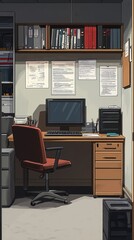 Poster - Empty office with a desk, computer, chair and file cabinet.