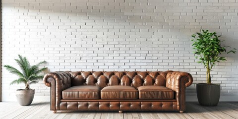 Sticker - Luxurious spacious living room with industrial design brown leather sofa green potted plant and white brick wall Tidy and stylish interior