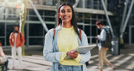 Poster - Happy woman, outdoor and portrait on campus for education, learning and books for studying. Female person, backpack and start of university for knowledge, academy and college institute in India