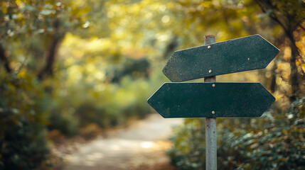 The presence of green street signs with arrows indicating divergent paths serves as a representation of choice and the process of making decisions.