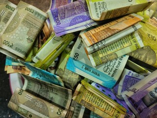 Closeup of various Indian Rupee currency notes showing detailed designs and features