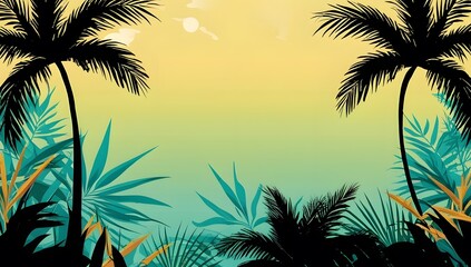 Wall Mural - simple background of minimalist sunset with palm tree silhouette