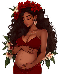 Canvas Print - A woman with a flower crown on her head and a red top is holding her stomach. The image is of a pregnant woman