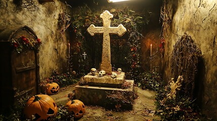 Cross niche Halloween decor with horror design and festive ambiance