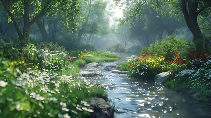 A spring scene with a gentle stream running through a forest, surrounded by fresh green leaves and blooming flowers, under a clear sky. 8k UHD, suitable for high-quality printing or digital 