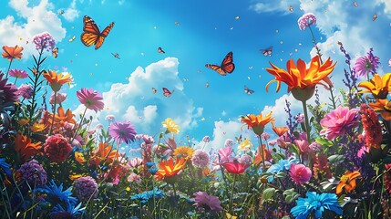 A vibrant spring illustration featuring colorful flowers blooming in a meadow, with butterflies and bees flying around under a bright blue sky. 8k UHD, suitable for high-quality printing or 