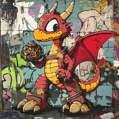 Canvas Print - Cartoon Dragon Graffiti on Wall.