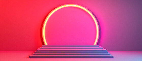 Poster - A vibrant neon stage with a circular light, creating an artistic ambiance for presentations or performance events.