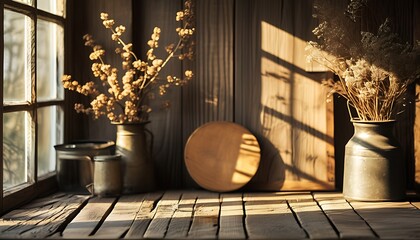 Sticker - An image showing wooden tabletop and retro objects. Sunlight shines through the windows on the wood grain, creating a warm atmosphere.