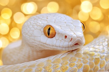 Wall Mural - Year of the Snake, Albino Serpent on Golden Bokeh Background, Chinese New Year Symbol