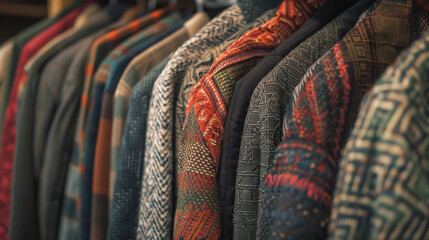 A Close-Up View of Patterned Jackets Hanging on a Rack