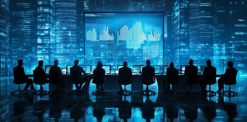 Poster - Silhouettes of business people sitting in front of large screens in a dark room.