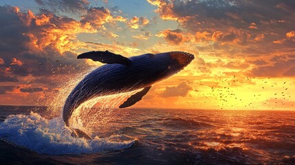 Wall Mural - a humpback whale leaps from the ocean during a fiery sunset, with birds flying overhead.