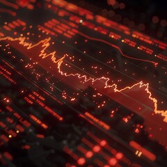 Close-up of a recession-themed financial dashboard with red arrows and falling graphs, background in muted colors,