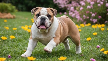 Wall Mural - Fawn english bulldog in flower field