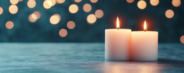 Poster - Two elegant candles lit up in a serene ambiance, surrounded by a dreamy bokeh background, perfect for relaxation and warmth.