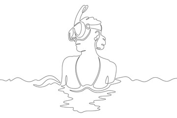 Wall Mural - Continuous one line drawing  diver girl in mask. Swimmer in water with mask and snorkel. Woman swims in sea. One continuous line isolated minimal illustration.