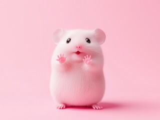 Wall Mural - Cute White Mouse on Pink Background.