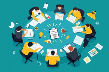 Poster - Top view of a business meeting around a round table with people looking at papers and a lightbulb representing a new idea.