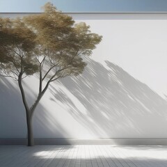 soft rays of sunlight penetrate the room, falling on the white wall, creating a shadow in the form of a plant pattern from the tree
