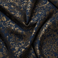 Poster - Dark blue and gold floral brocade fabric with repeating pattern of intricate, swirling designs
